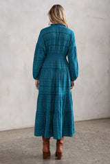 Rustic Teal Tiered Dress, Smock Waist w/Lattice Trim Maxi Dress