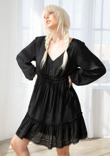 Boho Black V-Neck Tiered Dress w/Adjustable Ties on Waist