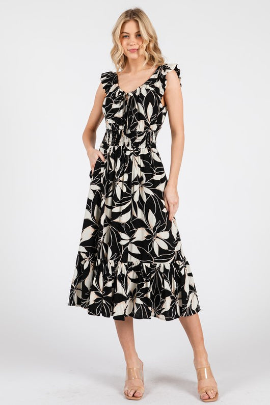 Sol Escape Black & Cream Tropical Flower Print Ruffle Sleeve Midi Dress w/Smocked Waist and Pockets