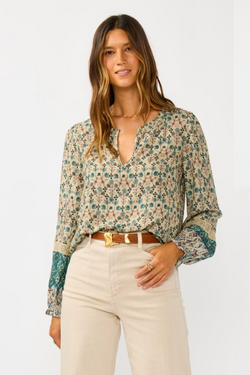Azores Dusty Teal & Taupe Boho Print Long Sleeve Flowy Blouse