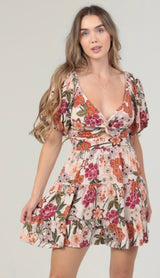 Rosey Floral Print Puff Sleeve, Twist V-Neck Front Cut Out Mini Dress by Angie