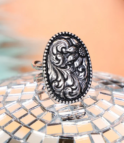 Antique Silver Oval Sunflower Design Cuff Ring