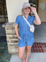 The Ella Medium Denim Wash Tencel Short Sleeve Shorts Jumper w/Pockets & Drawstring Waist