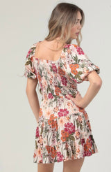 Rosey Floral Print Puff Sleeve, Twist V-Neck Front Cut Out Mini Dress by Angie
