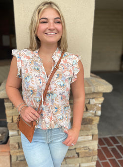 Natural & Coral Paisley Print Flutter Sleeve V-Neck Blouse by Lovestitch