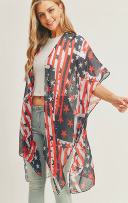 All American Girl Stars & Stripes Sheer OS Kimono