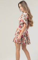 Rosey Floral Print Puff Sleeve, Twist V-Neck Front Cut Out Mini Dress by Angie
