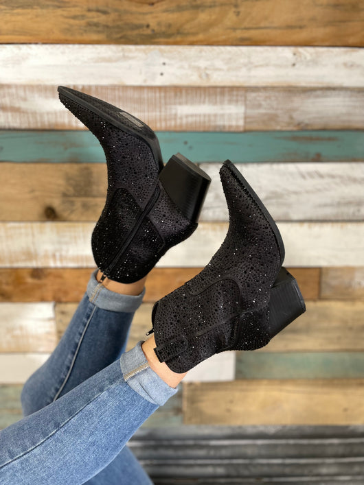 Sparkly Black Rhinestone Booties w/Zipper by Qupid