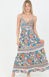 French Peach & Teal Floral Print Twist V-Neck W/Cut Out Maxi Dress by Angie