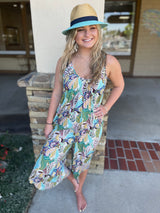 Blue Tropical Print Wide Leg Midi Sleeveless Jumper w/Pockets