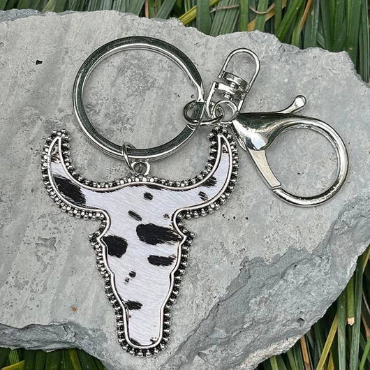 Western Bull Head Country Cow Print Silver Keychain