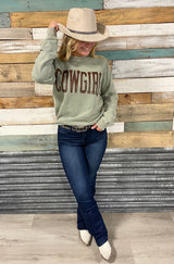 COWGIRL Olive Mineral Washed Graphic Sweater