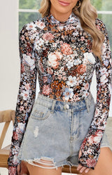 Floral Mesh Long Sleeve High Neck Sheath Blouse