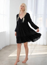 Boho Black V-Neck Tiered Dress w/Adjustable Ties on Waist