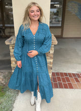 Rustic Teal Tiered Dress, Smock Waist w/Lattice Trim Maxi Dress