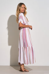 White & Pink Sparkly Multi-Stripe Maxi Dress w/Tie Waist by Elan