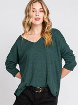 Hunter Green Thermal V-Neck Long Sleeve Top