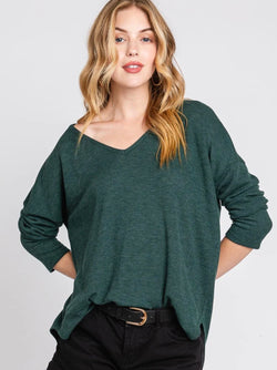 Hunter Green Thermal V-Neck Long Sleeve Top