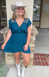 Peacock Teal Ruffle Sleeve Surplice Mini Dress w/Crochet Lace Detail