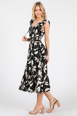 Sol Escape Black & Cream Tropical Flower Print Ruffle Sleeve Midi Dress w/Smocked Waist and Pockets