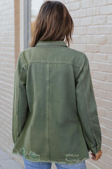 Army Green Distressed Denim Shacket w/Snap Button Closure & Front Pocket