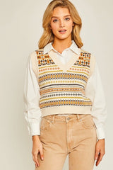 Ivory Retro Printed V-Neck Sweater Vest