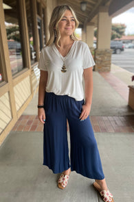 Navy Wide Leg Pants w/Elastic Waistband and Pockets - Made in USA