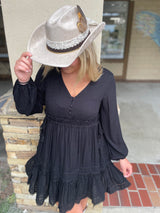 Boho Black V-Neck Tiered Dress w/Adjustable Ties on Waist
