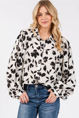 Ivory & Black Leaf Print Button Down Blouse