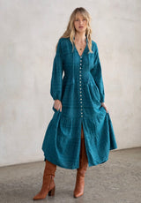Rustic Teal Tiered Dress, Smock Waist w/Lattice Trim Maxi Dress
