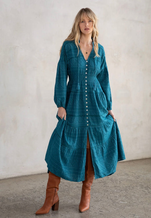 Rustic Teal Tiered Dress, Smock Waist w/Lattice Trim Maxi Dress