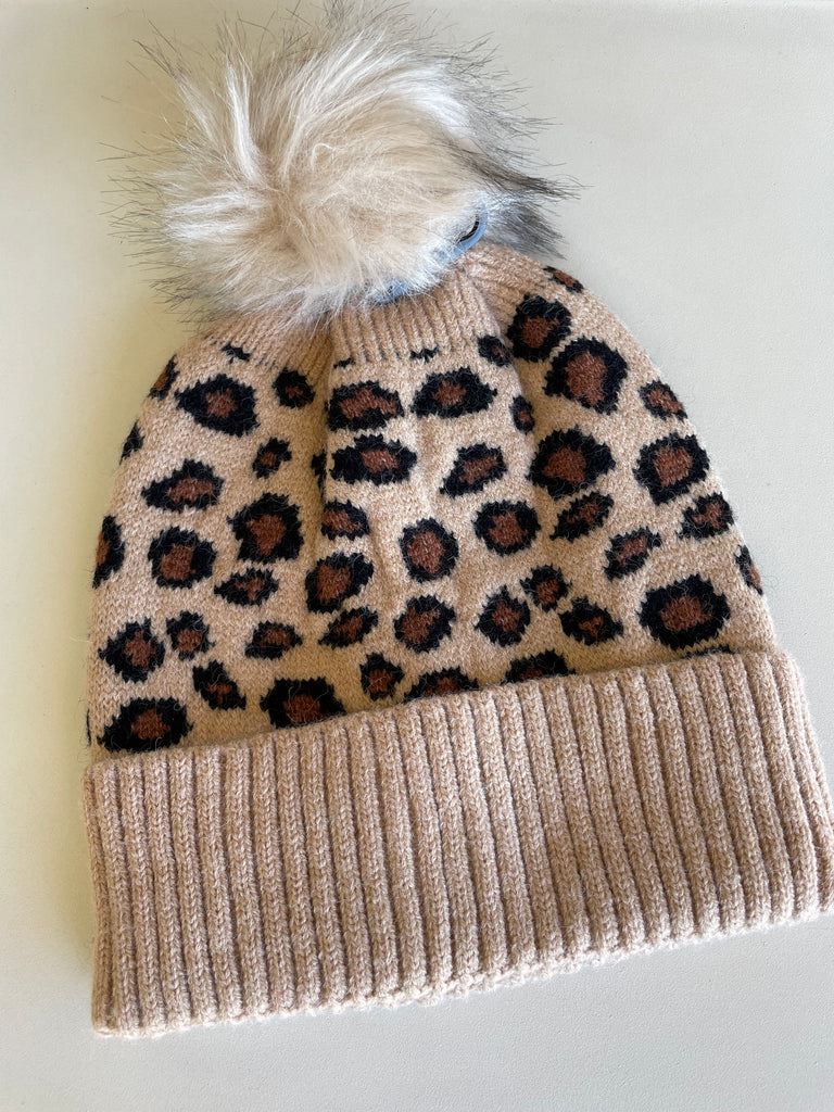 New Custom Designed Tan Knit Blend Slouchy Pom Beanie with Leopard Butterfly. Butterfly Hand Knit Beanie Hat - Huggalugs main image 2