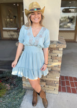 Austin Seafoam V-Neck Dress w/Taupe Embroidery Detail, Smocked Waist and Tie Back by Lovestitch
