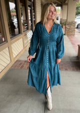 Rustic Teal Tiered Dress, Smock Waist w/Lattice Trim Maxi Dress