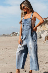 Distressed Denim Bib Overalls, Wide Leg and Adjustable Button Straps