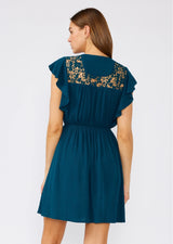 Peacock Teal Ruffle Sleeve Surplice Mini Dress w/Crochet Lace Detail