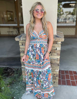 French Peach & Teal Floral Print Twist V-Neck W/Cut Out Maxi Dress by Angie