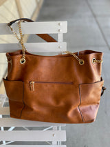 Kaylee Brown Large Purse w/Gold Chain Detail & Multi-Pockets