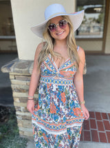 French Peach & Teal Floral Print Twist V-Neck W/Cut Out Maxi Dress by Angie