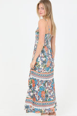 French Peach & Teal Floral Print Twist V-Neck W/Cut Out Maxi Dress by Angie