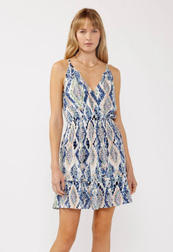 Annabel Blue & Natural Print Surplice Smocked Waist Mini Flowy Dress