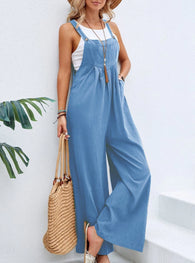 Denim Blue Relaxed Pleated Overalls w/Pockets and Zipper Side Closure