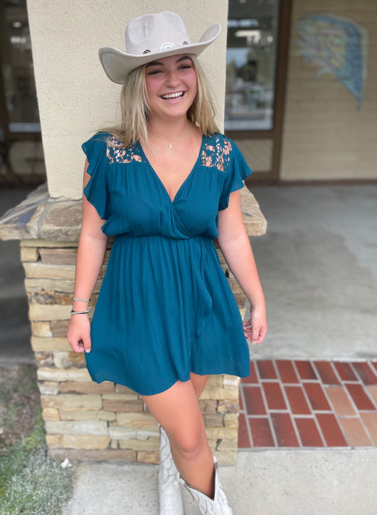 Peacock Teal Ruffle Sleeve Surplice Mini Dress w/Crochet Lace Detail