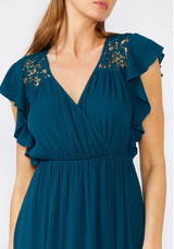 Peacock Teal Ruffle Sleeve Surplice Mini Dress w/Crochet Lace Detail