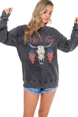 Wild & Free American Flag Bull Head Vintage Black Relaxed Fit Sweater