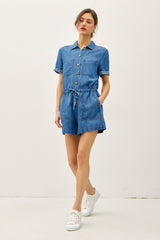 The Ella Medium Denim Wash Tencel Short Sleeve Shorts Jumper w/Pockets & Drawstring Waist