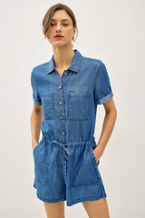 The Ella Medium Denim Wash Tencel Short Sleeve Shorts Jumper w/Pockets & Drawstring Waist