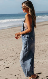 Distressed Denim Bib Overalls, Wide Leg and Adjustable Button Straps