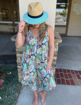 Blue Tropical Print Wide Leg Midi Sleeveless Jumper w/Pockets