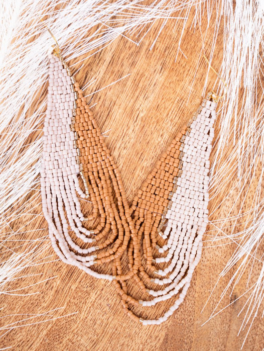 Madrid Ivory & Tan Seed Bead Draped Fishhook Earrings